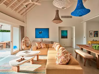 Two-Bedroom Beach Pool Villa Living Area Finolhu Baa Atoll Maldives