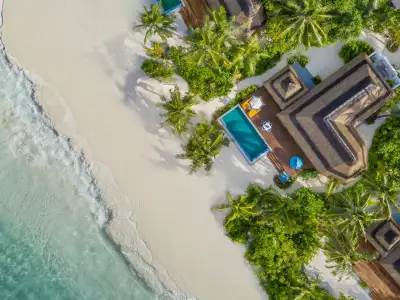 Beach Pool Villa and Lagoon Aerial View Pullman Maldives Maamutaa