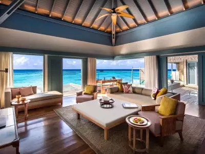 Sunset Over Water Villa With Pool Living Room Raffles Maldives Meradhoo