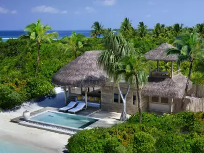 Family Beach Villa with Pool Aerial Six Senses Laamu
